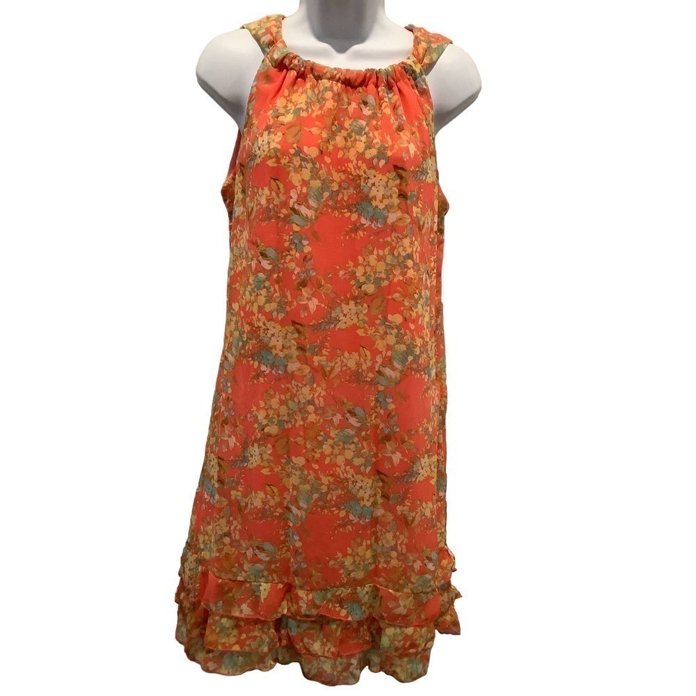 KARIN STEVENS SLEEVELESS ORANGE FLORAL RUFFLE DRESS 10
